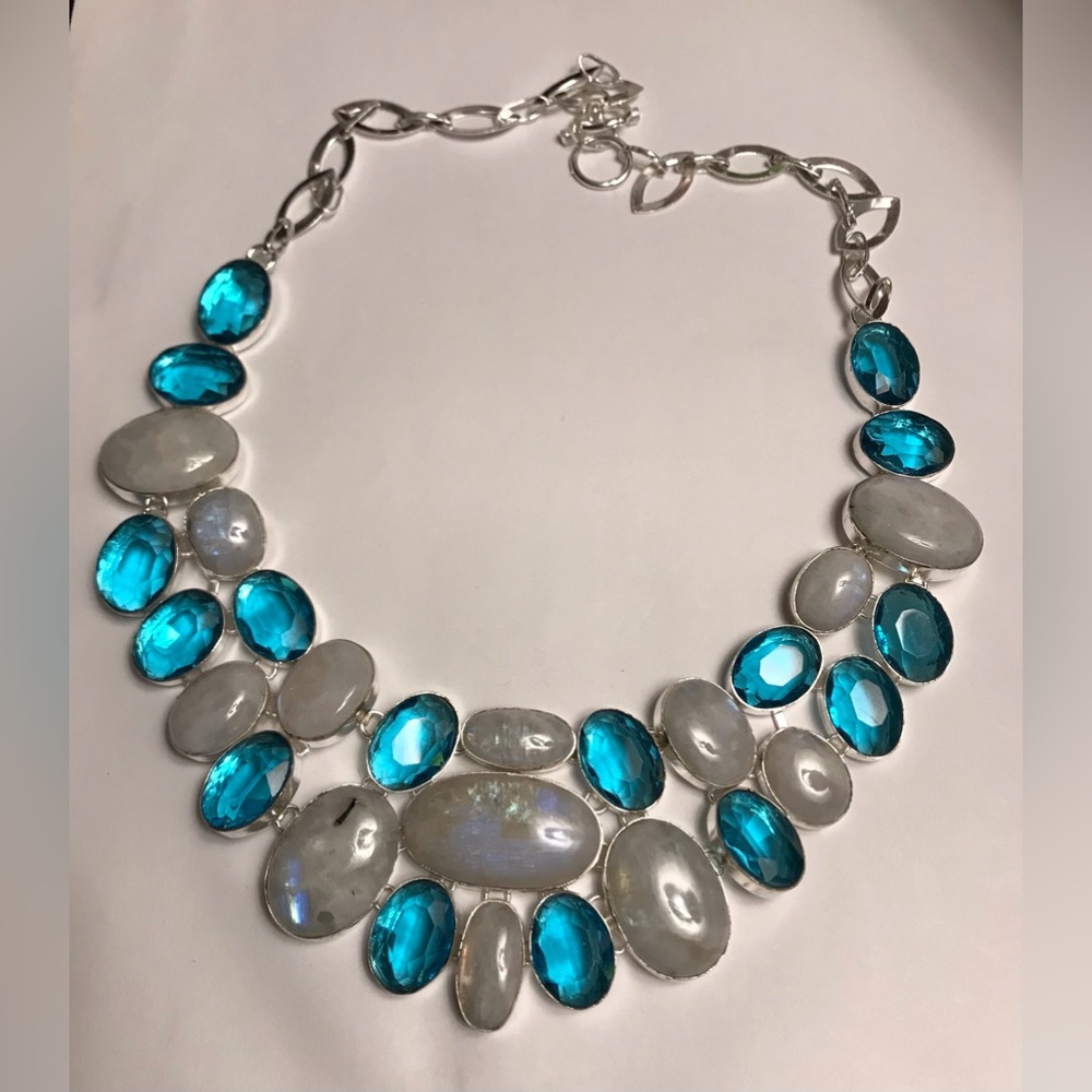 Moonstone Blue Topaz Stamped Solid 925 Sterling Silver Necklace